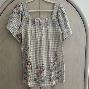 Kyla Seo linen Embroidered Beige Checkered Women's Top